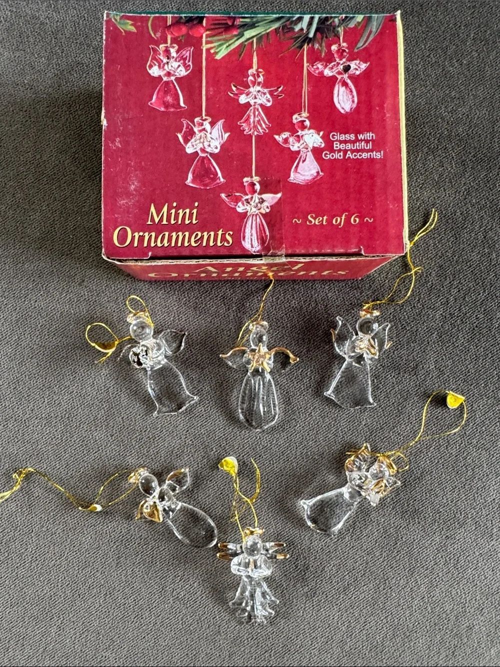 Vintage Holiday Mini Glass Angel Ornaments with Gold Accents Christmas Set of 6